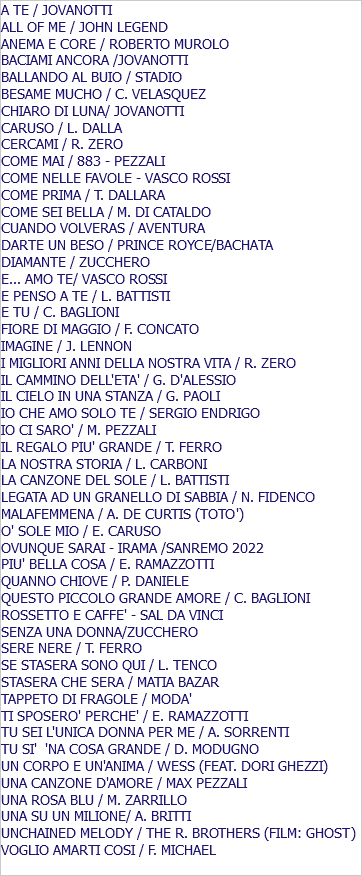 A TE / JOVANOTTI ALL OF ME / JOHN LEGEND ANEMA E CORE / ROBERTO MUROLO BACIAMI ANCORA /JOVANOTTI BALLANDO AL BUIO / STADIO BESAME MUCHO / C. VELASQUEZ CHIARO DI LUNA/ JOVANOTTI CARUSO / L. DALLA CERCAMI / R. ZERO COME MAI / 883 - PEZZALI COME NELLE FAVOLE - VASCO ROSSI COME PRIMA / T. DALLARA COME SEI BELLA / M. DI CATALDO CUANDO VOLVERAS / AVENTURA DARTE UN BESO / PRINCE ROYCE/BACHATA DIAMANTE / ZUCCHERO E... AMO TE/ VASCO ROSSI E PENSO A TE / L. BATTISTI E TU / C. BAGLIONI FIORE DI MAGGIO / F. CONCATO IMAGINE / J. LENNON I MIGLIORI ANNI DELLA NOSTRA VITA / R. ZERO IL CAMMINO DELL'ETA' / G. D'ALESSIO IL CIELO IN UNA STANZA / G. PAOLI IO CHE AMO SOLO TE / SERGIO ENDRIGO IO CI SARO' / M. PEZZALI IL REGALO PIU' GRANDE / T. FERRO LA NOSTRA STORIA / L. CARBONI LA CANZONE DEL SOLE / L. BATTISTI LEGATA AD UN GRANELLO DI SABBIA / N. FIDENCO MALAFEMMENA / A. DE CURTIS (TOTO') O' SOLE MIO / E. CARUSO OVUNQUE SARAI - IRAMA /SANREMO 2022 PIU' BELLA COSA / E. RAMAZZOTTI QUANNO CHIOVE / P. DANIELE QUESTO PICCOLO GRANDE AMORE / C. BAGLIONI ROSSETTO E CAFFE' - SAL DA VINCI SENZA UNA DONNA/ZUCCHERO SERE NERE / T. FERRO SE STASERA SONO QUI / L. TENCO STASERA CHE SERA / MATIA BAZAR TAPPETO DI FRAGOLE / MODA' TI SPOSERO' PERCHE' / E. RAMAZZOTTI TU SEI L'UNICA DONNA PER ME / A. SORRENTI TU SI' 'NA COSA GRANDE / D. MODUGNO UN CORPO E UN'ANIMA / WESS (FEAT. DORI GHEZZI) UNA CANZONE D'AMORE / MAX PEZZALI UNA ROSA BLU / M. ZARRILLO UNA SU UN MILIONE/ A. BRITTI UNCHAINED MELODY / THE R. BROTHERS (FILM: GHOST) VOGLIO AMARTI COSI / F. MICHAEL 