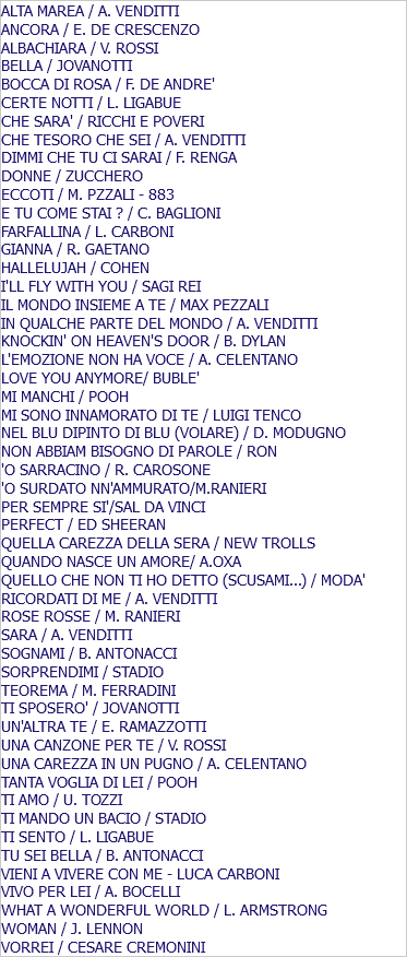 ALTA MAREA / A. VENDITTI ANCORA / E. DE CRESCENZO ALBACHIARA / V. ROSSI BELLA / JOVANOTTI BOCCA DI ROSA / F. DE ANDRE' CERTE NOTTI / L. LIGABUE CHE SARA' / RICCHI E POVERI CHE TESORO CHE SEI / A. VENDITTI DIMMI CHE TU CI SARAI / F. RENGA DONNE / ZUCCHERO ECCOTI / M. PZZALI - 883 E TU COME STAI ? / C. BAGLIONI FARFALLINA / L. CARBONI GIANNA / R. GAETANO HALLELUJAH / COHEN I'LL FLY WITH YOU / SAGI REI IL MONDO INSIEME A TE / MAX PEZZALI IN QUALCHE PARTE DEL MONDO / A. VENDITTI KNOCKIN' ON HEAVEN'S DOOR / B. DYLAN L'EMOZIONE NON HA VOCE / A. CELENTANO LOVE YOU ANYMORE/ BUBLE' MI MANCHI / POOH MI SONO INNAMORATO DI TE / LUIGI TENCO NEL BLU DIPINTO DI BLU (VOLARE) / D. MODUGNO NON ABBIAM BISOGNO DI PAROLE / RON 'O SARRACINO / R. CAROSONE 'O SURDATO NN'AMMURATO/M.RANIERI PER SEMPRE SI'/SAL DA VINCI PERFECT / ED SHEERAN QUELLA CAREZZA DELLA SERA / NEW TROLLS QUANDO NASCE UN AMORE/ A.OXA QUELLO CHE NON TI HO DETTO (SCUSAMI...) / MODA' RICORDATI DI ME / A. VENDITTI ROSE ROSSE / M. RANIERI SARA / A. VENDITTI SOGNAMI / B. ANTONACCI SORPRENDIMI / STADIO TEOREMA / M. FERRADINI TI SPOSERO' / JOVANOTTI UN'ALTRA TE / E. RAMAZZOTTI UNA CANZONE PER TE / V. ROSSI UNA CAREZZA IN UN PUGNO / A. CELENTANO TANTA VOGLIA DI LEI / POOH TI AMO / U. TOZZI TI MANDO UN BACIO / STADIO TI SENTO / L. LIGABUE TU SEI BELLA / B. ANTONACCI VIENI A VIVERE CON ME - LUCA CARBONI VIVO PER LEI / A. BOCELLI WHAT A WONDERFUL WORLD / L. ARMSTRONG WOMAN / J. LENNON VORREI / CESARE CREMONINI