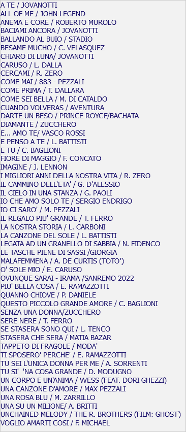 A TE / JOVANOTTI ALL OF ME / JOHN LEGEND ANEMA E CORE / ROBERTO MUROLO BACIAMI ANCORA / JOVANOTTI BALLANDO AL BUIO / STADIO BESAME MUCHO / C. VELASQUEZ CHIARO DI LUNA/ JOVANOTTI CARUSO / L. DALLA CERCAMI / R. ZERO COME MAI / 883 - PEZZALI COME PRIMA / T. DALLARA COME SEI BELLA / M. DI CATALDO CUANDO VOLVERAS / AVENTURA DARTE UN BESO / PRINCE ROYCE/BACHATA DIAMANTE / ZUCCHERO E... AMO TE/ VASCO ROSSI E PENSO A TE / L. BATTISTI E TU / C. BAGLIONI FIORE DI MAGGIO / F. CONCATO IMAGINE / J. LENNON I MIGLIORI ANNI DELLA NOSTRA VITA / R. ZERO IL CAMMINO DELL'ETA' / G. D'ALESSIO IL CIELO IN UNA STANZA / G. PAOLI IO CHE AMO SOLO TE / SERGIO ENDRIGO IO CI SARO' / M. PEZZALI IL REGALO PIU' GRANDE / T. FERRO LA NOSTRA STORIA / L. CARBONI LA CANZONE DEL SOLE / L. BATTISTI LEGATA AD UN GRANELLO DI SABBIA / N. FIDENCO LE TASCHE PIENE DI SASSI /GIORGIA MALAFEMMENA / A. DE CURTIS (TOTO') O' SOLE MIO / E. CARUSO OVUNQUE SARAI - IRAMA /SANREMO 2022 PIU' BELLA COSA / E. RAMAZZOTTI QUANNO CHIOVE / P. DANIELE QUESTO PICCOLO GRANDE AMORE / C. BAGLIONI SENZA UNA DONNA/ZUCCHERO SERE NERE / T. FERRO SE STASERA SONO QUI / L. TENCO STASERA CHE SERA / MATIA BAZAR TAPPETO DI FRAGOLE / MODA' TI SPOSERO' PERCHE' / E. RAMAZZOTTI TU SEI L'UNICA DONNA PER ME / A. SORRENTI TU SI' 'NA COSA GRANDE / D. MODUGNO UN CORPO E UN'ANIMA / WESS (FEAT. DORI GHEZZI) UNA CANZONE D'AMORE / MAX PEZZALI UNA ROSA BLU / M. ZARRILLO UNA SU UN MILIONE/ A. BRITTI UNCHAINED MELODY / THE R. BROTHERS (FILM: GHOST) VOGLIO AMARTI COSI / F. MICHAEL