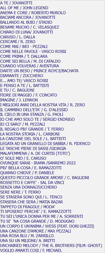 A TE / JOVANOTTI ALL OF ME / JOHN LEGEND ANEMA E CORE / ROBERTO MUROLO BACIAMI ANCORA / JOVANOTTI BALLANDO AL BUIO / STADIO BESAME MUCHO / C. VELASQUEZ CHIARO DI LUNA/ JOVANOTTI CARUSO / L. DALLA CERCAMI / R. ZERO COME MAI / 883 - PEZZALI COME NELLE FAVOLE - VASCO ROSSI COME PRIMA / T. DALLARA COME SEI BELLA / M. DI CATALDO CUANDO VOLVERAS / AVENTURA DARTE UN BESO / PRINCE ROYCE/BACHATA DIAMANTE / ZUCCHERO E... AMO TE/ VASCO ROSSI E PENSO A TE / L. BATTISTI E TU / C. BAGLIONI FIORE DI MAGGIO / F. CONCATO IMAGINE / J. LENNON I MIGLIORI ANNI DELLA NOSTRA VITA / R. ZERO IL CAMMINO DELL'ETA' / G. D'ALESSIO IL CIELO IN UNA STANZA / G. PAOLI IO CHE AMO SOLO TE / SERGIO ENDRIGO IO CI SARO' / M. PEZZALI IL REGALO PIU' GRANDE / T. FERRO LA NOSTRA STORIA / L. CARBONI LA CANZONE DEL SOLE / L. BATTISTI LEGATA AD UN GRANELLO DI SABBIA / N. FIDENCO LE TASCHE PIENE DI SASSI /GIORGIA MALAFEMMENA / A. DE CURTIS (TOTO') O' SOLE MIO / E. CARUSO OVUNQUE SARAI - IRAMA /SANREMO 2022 PIU' BELLA COSA / E. RAMAZZOTTI QUANNO CHIOVE / P. DANIELE QUESTO PICCOLO GRANDE AMORE / C. BAGLIONI ROSSETTO E CAFFE' - SAL DA VINCI SENZA UNA DONNA/ZUCCHERO SERE NERE / T. FERRO SE STASERA SONO QUI / L. TENCO STASERA CHE SERA / MATIA BAZAR TAPPETO DI FRAGOLE / MODA' TI SPOSERO' PERCHE' / E. RAMAZZOTTI TU SEI L'UNICA DONNA PER ME / A. SORRENTI TU SI' 'NA COSA GRANDE / D. MODUGNO UN CORPO E UN'ANIMA / WESS (FEAT. DORI GHEZZI) UNA CANZONE D'AMORE / MAX PEZZALI UNA ROSA BLU / M. ZARRILLO UNA SU UN MILIONE/ A. BRITTI UNCHAINED MELODY / THE R. BROTHERS (FILM: GHOST) VOGLIO AMARTI COSI / F. MICHAEL