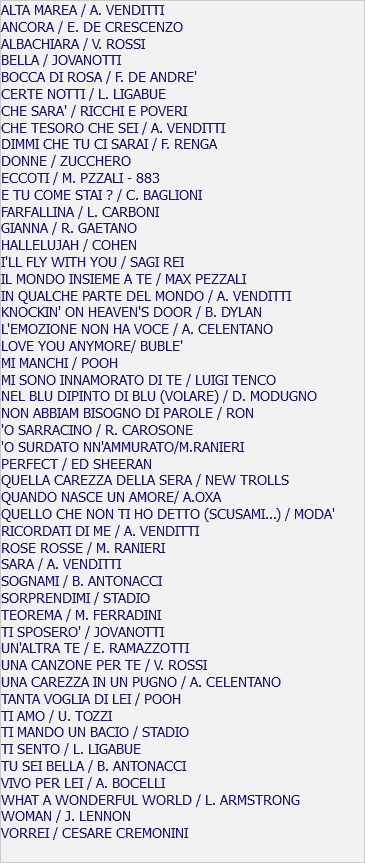 ALTA MAREA / A. VENDITTI ANCORA / E. DE CRESCENZO ALBACHIARA / V. ROSSI BELLA / JOVANOTTI BOCCA DI ROSA / F. DE ANDRE' CERTE NOTTI / L. LIGABUE CHE SARA' / RICCHI E POVERI CHE TESORO CHE SEI / A. VENDITTI DIMMI CHE TU CI SARAI / F. RENGA DONNE / ZUCCHERO ECCOTI / M. PZZALI - 883 E TU COME STAI ? / C. BAGLIONI FARFALLINA / L. CARBONI GIANNA / R. GAETANO HALLELUJAH / COHEN I'LL FLY WITH YOU / SAGI REI IL MONDO INSIEME A TE / MAX PEZZALI IN QUALCHE PARTE DEL MONDO / A. VENDITTI KNOCKIN' ON HEAVEN'S DOOR / B. DYLAN L'EMOZIONE NON HA VOCE / A. CELENTANO LOVE YOU ANYMORE/ BUBLE' MI MANCHI / POOH MI SONO INNAMORATO DI TE / LUIGI TENCO NEL BLU DIPINTO DI BLU (VOLARE) / D. MODUGNO NON ABBIAM BISOGNO DI PAROLE / RON 'O SARRACINO / R. CAROSONE 'O SURDATO NN'AMMURATO/M.RANIERI PERFECT / ED SHEERAN QUELLA CAREZZA DELLA SERA / NEW TROLLS QUANDO NASCE UN AMORE/ A.OXA QUELLO CHE NON TI HO DETTO (SCUSAMI...) / MODA' RICORDATI DI ME / A. VENDITTI ROSE ROSSE / M. RANIERI SARA / A. VENDITTI SOGNAMI / B. ANTONACCI SORPRENDIMI / STADIO TEOREMA / M. FERRADINI TI SPOSERO' / JOVANOTTI UN'ALTRA TE / E. RAMAZZOTTI UNA CANZONE PER TE / V. ROSSI UNA CAREZZA IN UN PUGNO / A. CELENTANO TANTA VOGLIA DI LEI / POOH TI AMO / U. TOZZI TI MANDO UN BACIO / STADIO TI SENTO / L. LIGABUE TU SEI BELLA / B. ANTONACCI VIVO PER LEI / A. BOCELLI WHAT A WONDERFUL WORLD / L. ARMSTRONG WOMAN / J. LENNON VORREI / CESARE CREMONINI