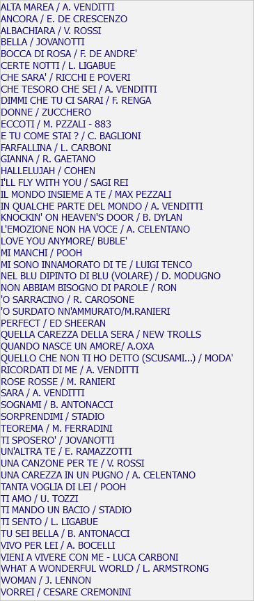 ALTA MAREA / A. VENDITTI ANCORA / E. DE CRESCENZO ALBACHIARA / V. ROSSI BELLA / JOVANOTTI BOCCA DI ROSA / F. DE ANDRE' CERTE NOTTI / L. LIGABUE CHE SARA' / RICCHI E POVERI CHE TESORO CHE SEI / A. VENDITTI DIMMI CHE TU CI SARAI / F. RENGA DONNE / ZUCCHERO ECCOTI / M. PZZALI - 883 E TU COME STAI ? / C. BAGLIONI FARFALLINA / L. CARBONI GIANNA / R. GAETANO HALLELUJAH / COHEN I'LL FLY WITH YOU / SAGI REI IL MONDO INSIEME A TE / MAX PEZZALI IN QUALCHE PARTE DEL MONDO / A. VENDITTI KNOCKIN' ON HEAVEN'S DOOR / B. DYLAN L'EMOZIONE NON HA VOCE / A. CELENTANO LOVE YOU ANYMORE/ BUBLE' MI MANCHI / POOH MI SONO INNAMORATO DI TE / LUIGI TENCO NEL BLU DIPINTO DI BLU (VOLARE) / D. MODUGNO NON ABBIAM BISOGNO DI PAROLE / RON 'O SARRACINO / R. CAROSONE 'O SURDATO NN'AMMURATO/M.RANIERI PERFECT / ED SHEERAN QUELLA CAREZZA DELLA SERA / NEW TROLLS QUANDO NASCE UN AMORE/ A.OXA QUELLO CHE NON TI HO DETTO (SCUSAMI...) / MODA' RICORDATI DI ME / A. VENDITTI ROSE ROSSE / M. RANIERI SARA / A. VENDITTI SOGNAMI / B. ANTONACCI SORPRENDIMI / STADIO TEOREMA / M. FERRADINI TI SPOSERO' / JOVANOTTI UN'ALTRA TE / E. RAMAZZOTTI UNA CANZONE PER TE / V. ROSSI UNA CAREZZA IN UN PUGNO / A. CELENTANO TANTA VOGLIA DI LEI / POOH TI AMO / U. TOZZI TI MANDO UN BACIO / STADIO TI SENTO / L. LIGABUE TU SEI BELLA / B. ANTONACCI VIVO PER LEI / A. BOCELLI VIENI A VIVERE CON ME - LUCA CARBONI WHAT A WONDERFUL WORLD / L. ARMSTRONG WOMAN / J. LENNON VORREI / CESARE CREMONINI