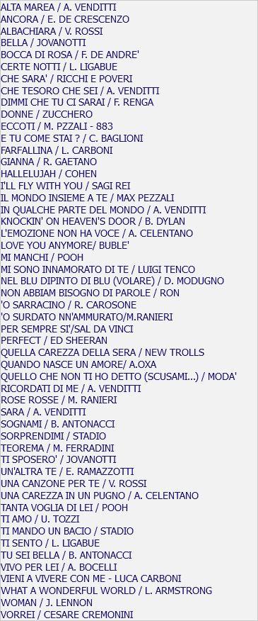 ALTA MAREA / A. VENDITTI ANCORA / E. DE CRESCENZO ALBACHIARA / V. ROSSI BELLA / JOVANOTTI BOCCA DI ROSA / F. DE ANDRE' CERTE NOTTI / L. LIGABUE CHE SARA' / RICCHI E POVERI CHE TESORO CHE SEI / A. VENDITTI DIMMI CHE TU CI SARAI / F. RENGA DONNE / ZUCCHERO ECCOTI / M. PZZALI - 883 E TU COME STAI ? / C. BAGLIONI FARFALLINA / L. CARBONI GIANNA / R. GAETANO HALLELUJAH / COHEN I'LL FLY WITH YOU / SAGI REI IL MONDO INSIEME A TE / MAX PEZZALI IN QUALCHE PARTE DEL MONDO / A. VENDITTI KNOCKIN' ON HEAVEN'S DOOR / B. DYLAN L'EMOZIONE NON HA VOCE / A. CELENTANO LOVE YOU ANYMORE/ BUBLE' MI MANCHI / POOH MI SONO INNAMORATO DI TE / LUIGI TENCO NEL BLU DIPINTO DI BLU (VOLARE) / D. MODUGNO NON ABBIAM BISOGNO DI PAROLE / RON 'O SARRACINO / R. CAROSONE 'O SURDATO NN'AMMURATO/M.RANIERI PER SEMPRE SI'/SAL DA VINCI PERFECT / ED SHEERAN QUELLA CAREZZA DELLA SERA / NEW TROLLS QUANDO NASCE UN AMORE/ A.OXA QUELLO CHE NON TI HO DETTO (SCUSAMI...) / MODA' RICORDATI DI ME / A. VENDITTI ROSE ROSSE / M. RANIERI SARA / A. VENDITTI SOGNAMI / B. ANTONACCI SORPRENDIMI / STADIO TEOREMA / M. FERRADINI TI SPOSERO' / JOVANOTTI UN'ALTRA TE / E. RAMAZZOTTI UNA CANZONE PER TE / V. ROSSI UNA CAREZZA IN UN PUGNO / A. CELENTANO TANTA VOGLIA DI LEI / POOH TI AMO / U. TOZZI TI MANDO UN BACIO / STADIO TI SENTO / L. LIGABUE TU SEI BELLA / B. ANTONACCI VIVO PER LEI / A. BOCELLI VIENI A VIVERE CON ME - LUCA CARBONI WHAT A WONDERFUL WORLD / L. ARMSTRONG WOMAN / J. LENNON VORREI / CESARE CREMONINI